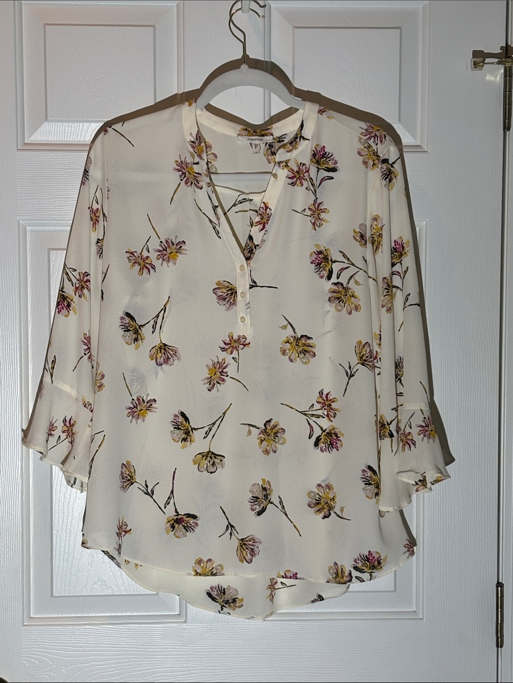 Maurices Cream Floral Split-V Blouse